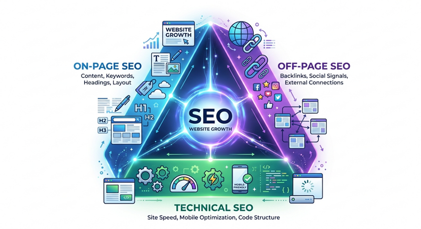 A diagram of three pillars of SEO: On-Page, Off-Page, Technical SEO.