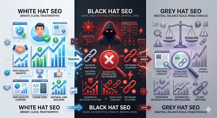 Infographic comparing different practices of SEO in Digital Marketing - White Hat, Black Hat, Grey Hat