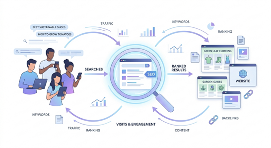 An infographic illustration of what is SEO in Digital Marketing showing cycle of searches, traffic, keywords & ranked results for a website.