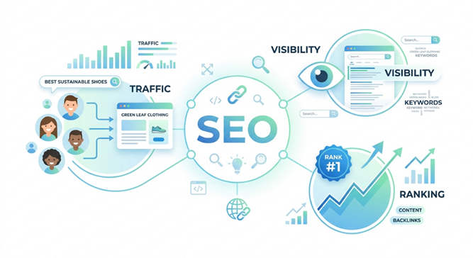 Conceptual graphic defining what is SEO in digital marketing, highlighting core components like visibility, traffic & search engine ranking.