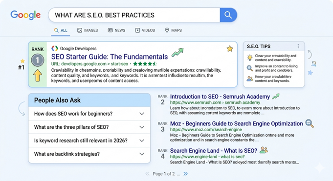 A mock-up of Google search result page showing ranked guides and people also ask questions to explain what is search engine