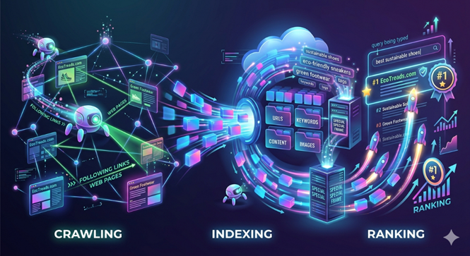 technical visualisation showing three stages of search: crawling, indexing and ranking.